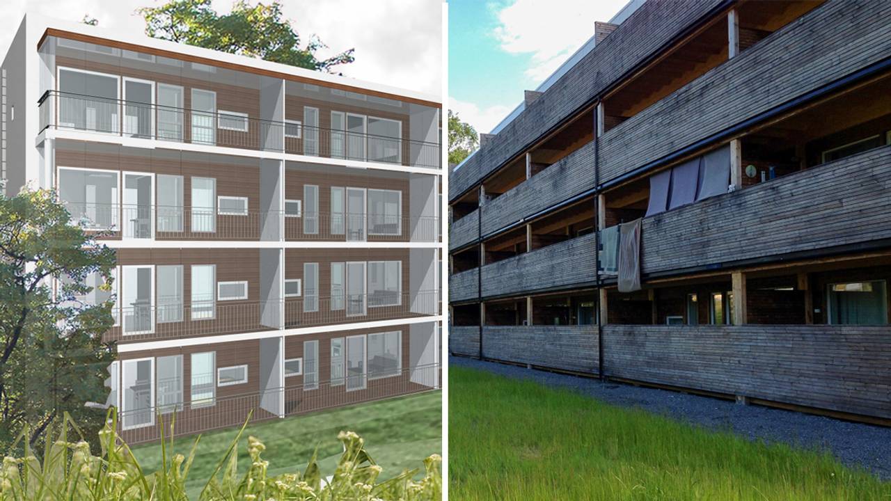 Montasje bustadbygget som brann på Lone i Arna