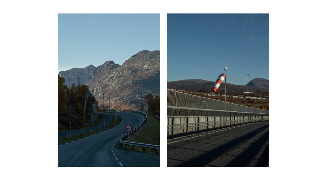 Bilveier strekker seg mellom fjellene utenfor Tromsø. 
