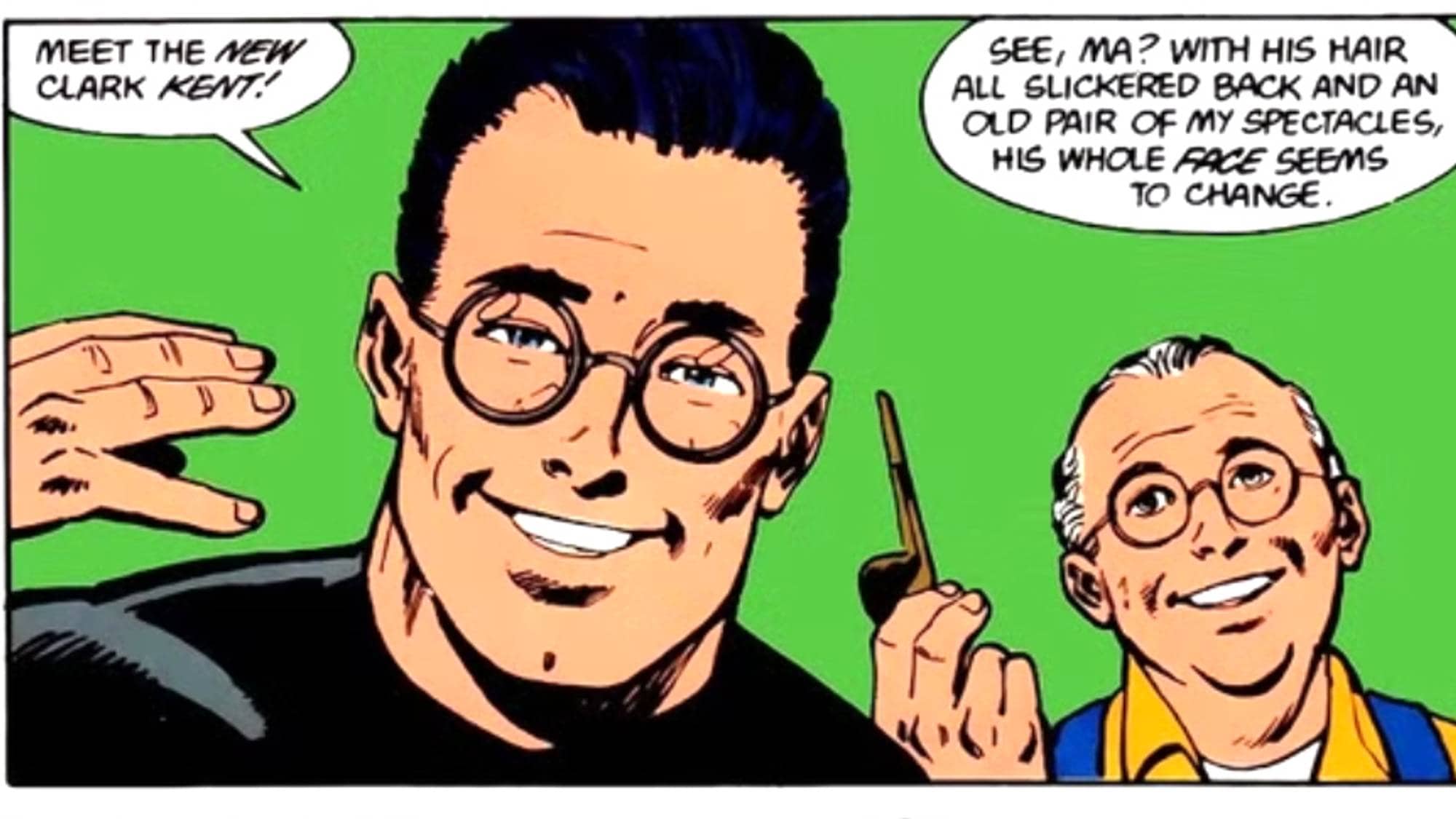 Illustrasjon fra tegneserie som viser Clark Kent med briller og hans foreldre som diskuterer ham. 