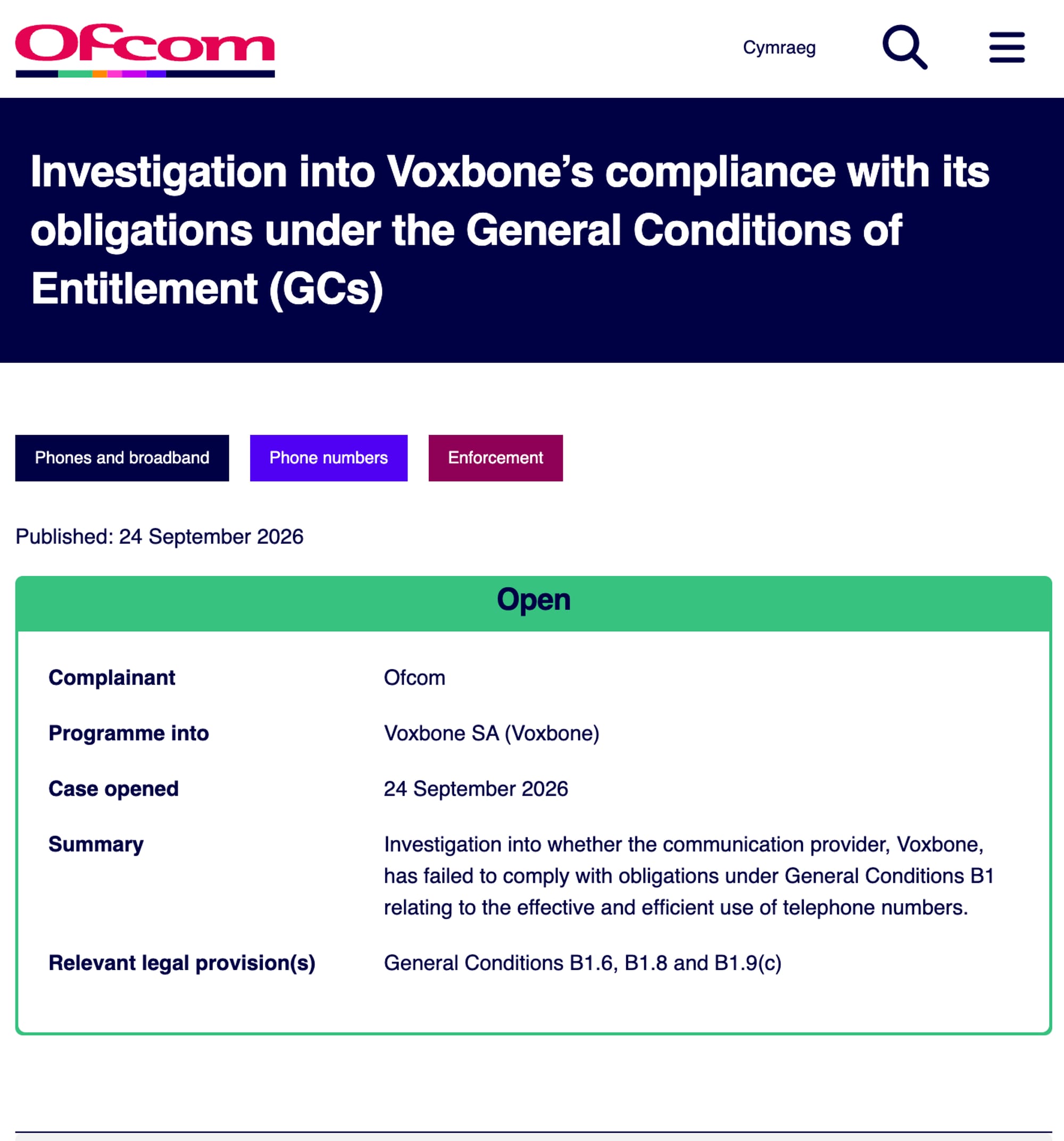 En skjermdump fra det britiske teletilsynet ofcom som bekrefter undersøkelense mot voxbone