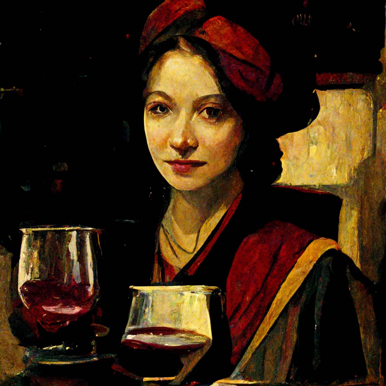 Bilde av en renessansekvinne som drikker vin laget av Midjourney