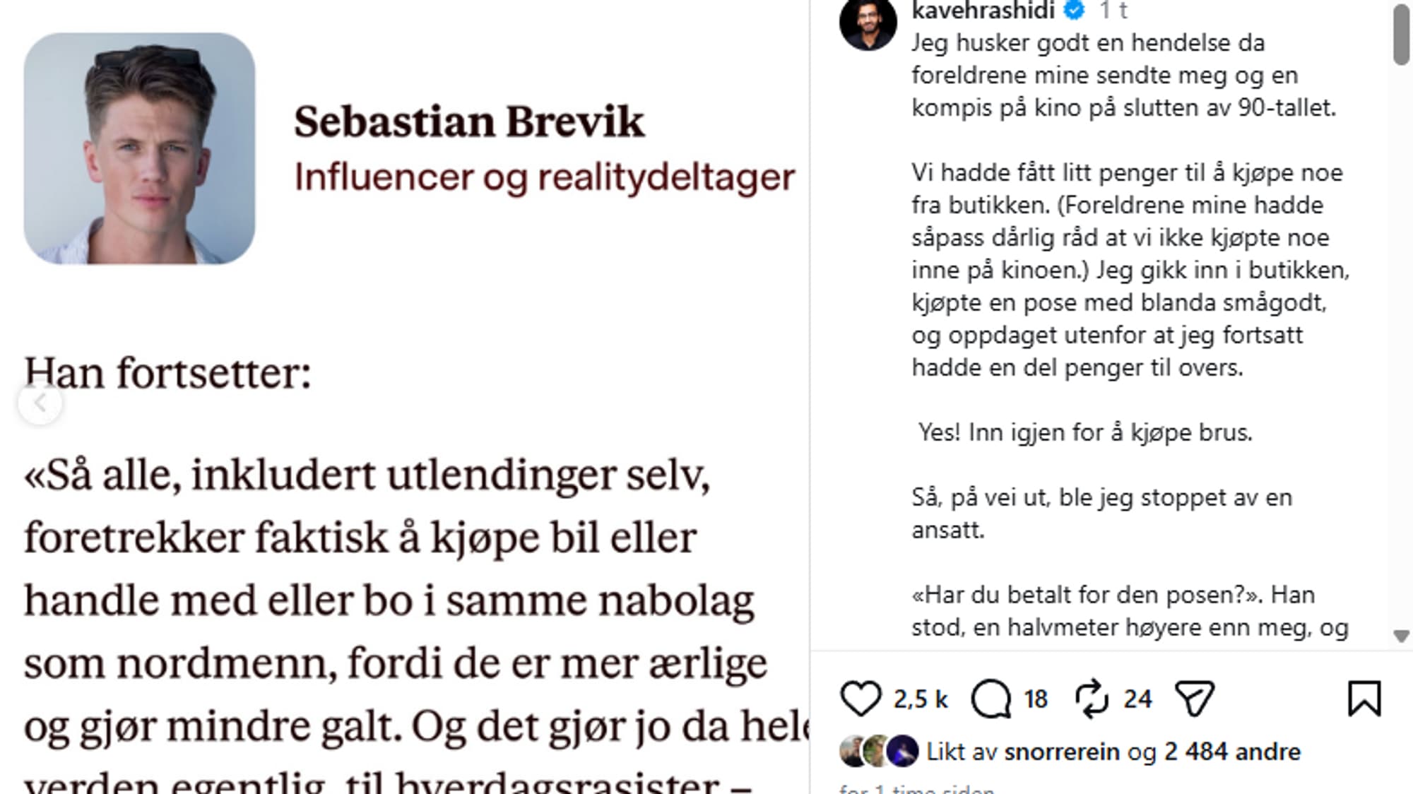 Skjermbilde av eit innlegg på Instagram