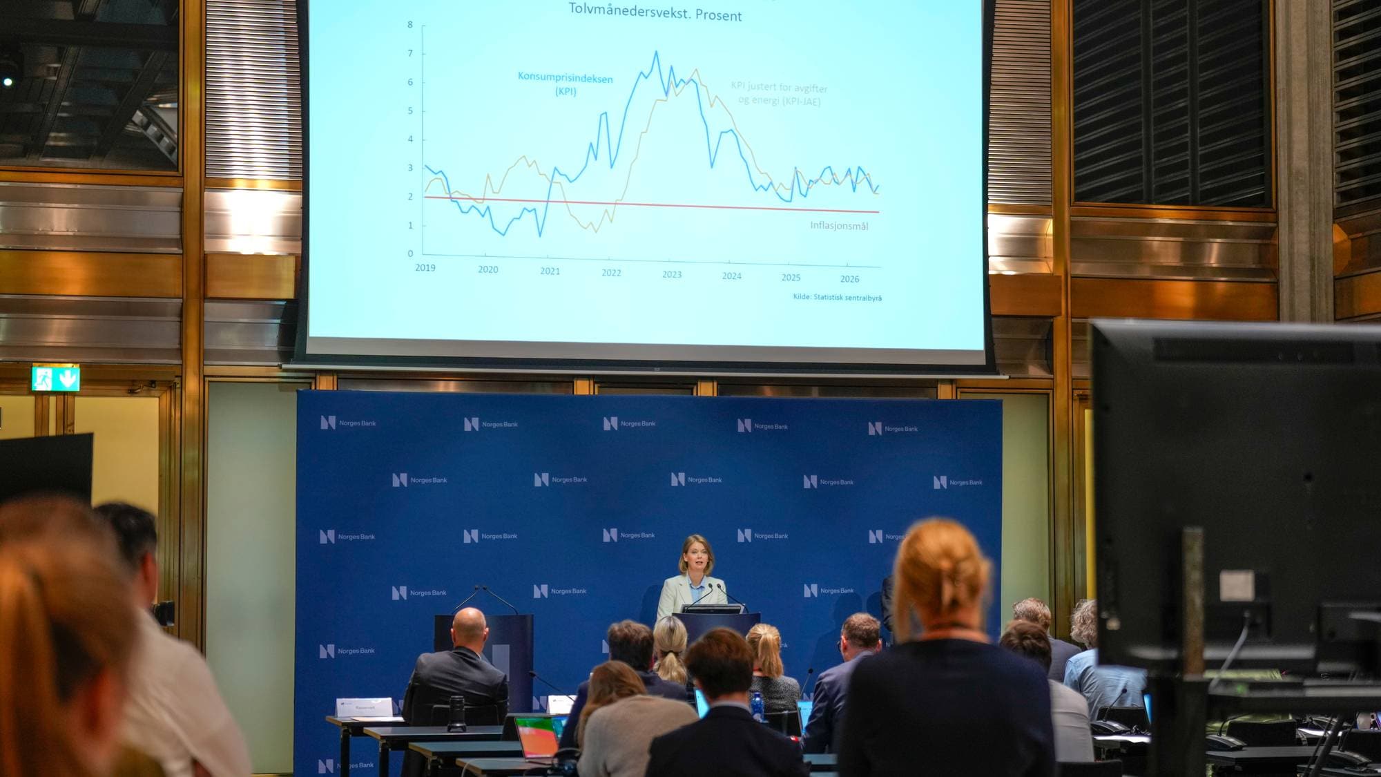 Sentralbanksjef Ida Wolden Bache offentliggjør rentebeslutningen for Norges Bank under en pressekonferanse.