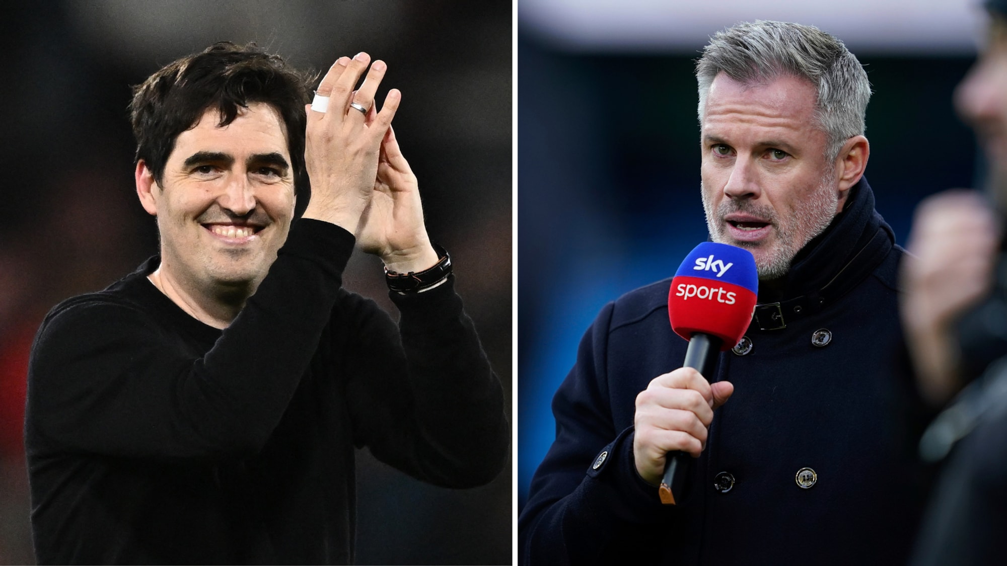 to menn. Han ene er alvorlig og holder en mikrofon og er fotballekspert, han heter Jamie Carragher. Han andre er blid og klapper, han heter Andoni Iraola og er ny Liverpool-trener
