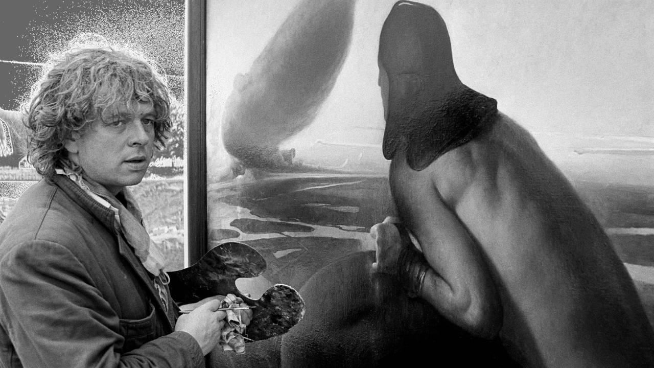 Maler Odd Nerdrum finpusser på verket som skal stilles ut på Høstutstillingen i 1985.