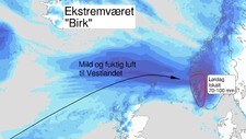 HØYTRYKK MØTER LAVTRYKK: Mild og fuktig luft fra langt sør i Europa presses nå inn mot Vestlandet på grunn av et lavtrykk som ligger ved Nord-Trøndelag og Helgeland. 