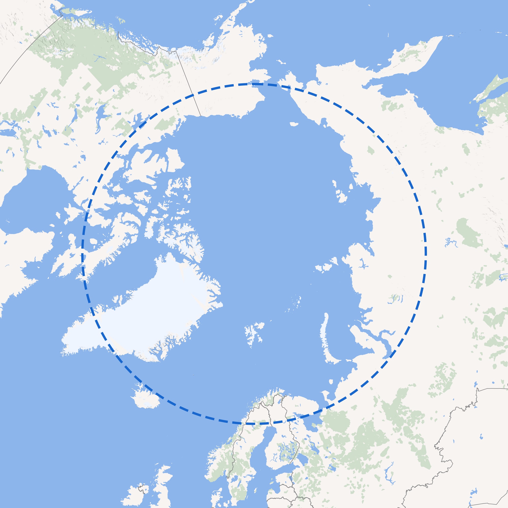 Kart med Nordpolen som sentrum. Polarsirkelen er markert med siplet sirkel i blått.