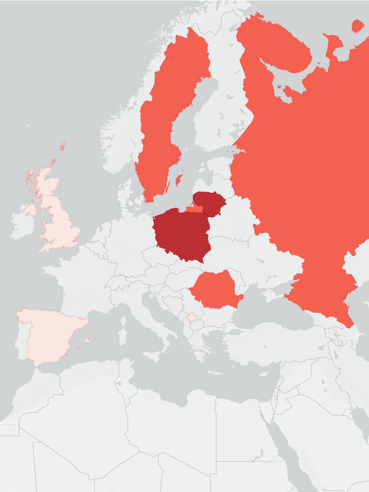 Kartet viser utviklingen av hvor Norge har importert smitte fra siden nyttår. Polen, Litauen, Russland, Romania og Sverige er landene som har bidratt med mest smitte til Norge. 