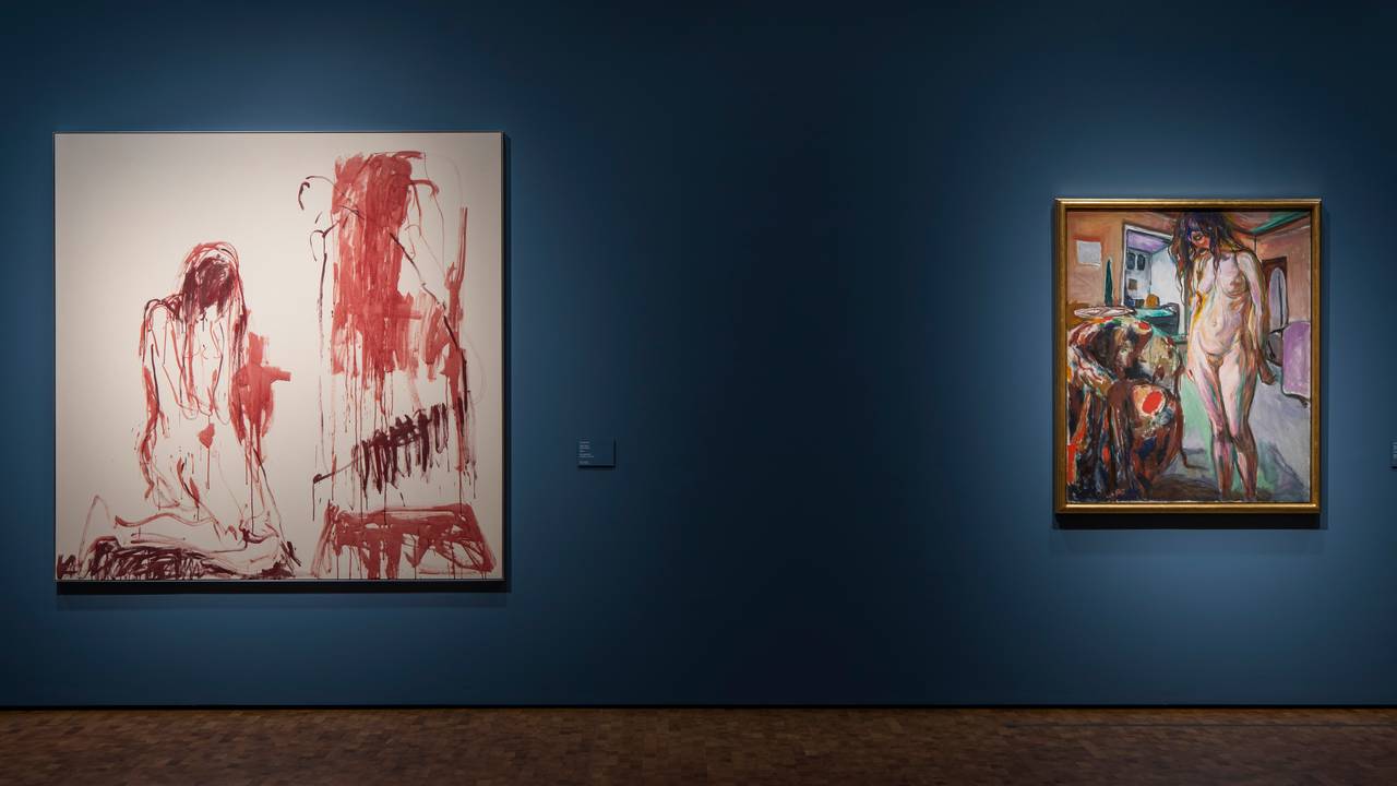 Tracey Emins kunst ved siden av Munchs «Modell ved kurvstol».