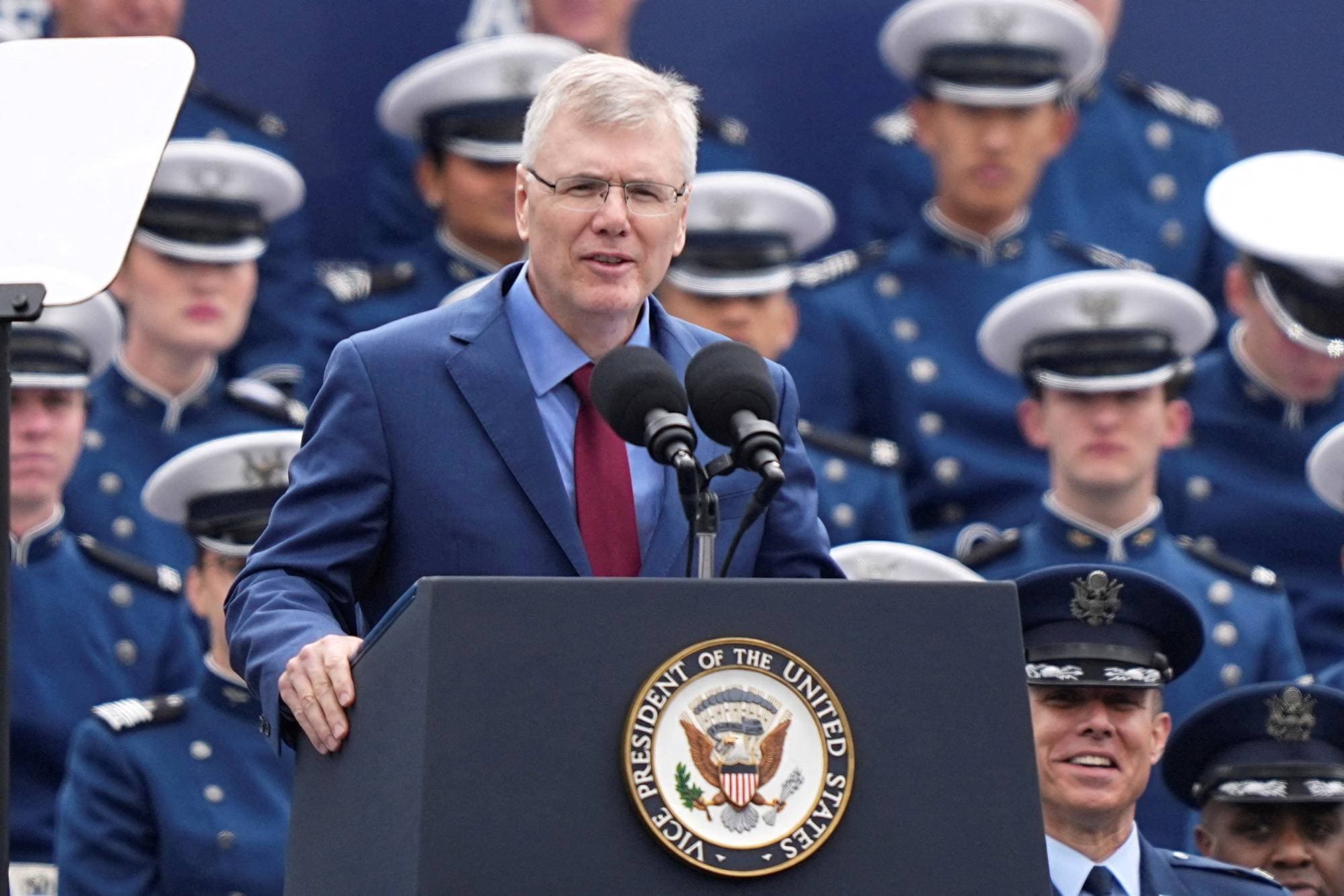  U.S. Secretary of the Air Force Troy Meink speaks during the United States Air Force Academy Graduation Ceremony at Falcon Stadium,at the United States Air Force Academy in Colorado Springs, Colorado, U.S., May 28, 2026