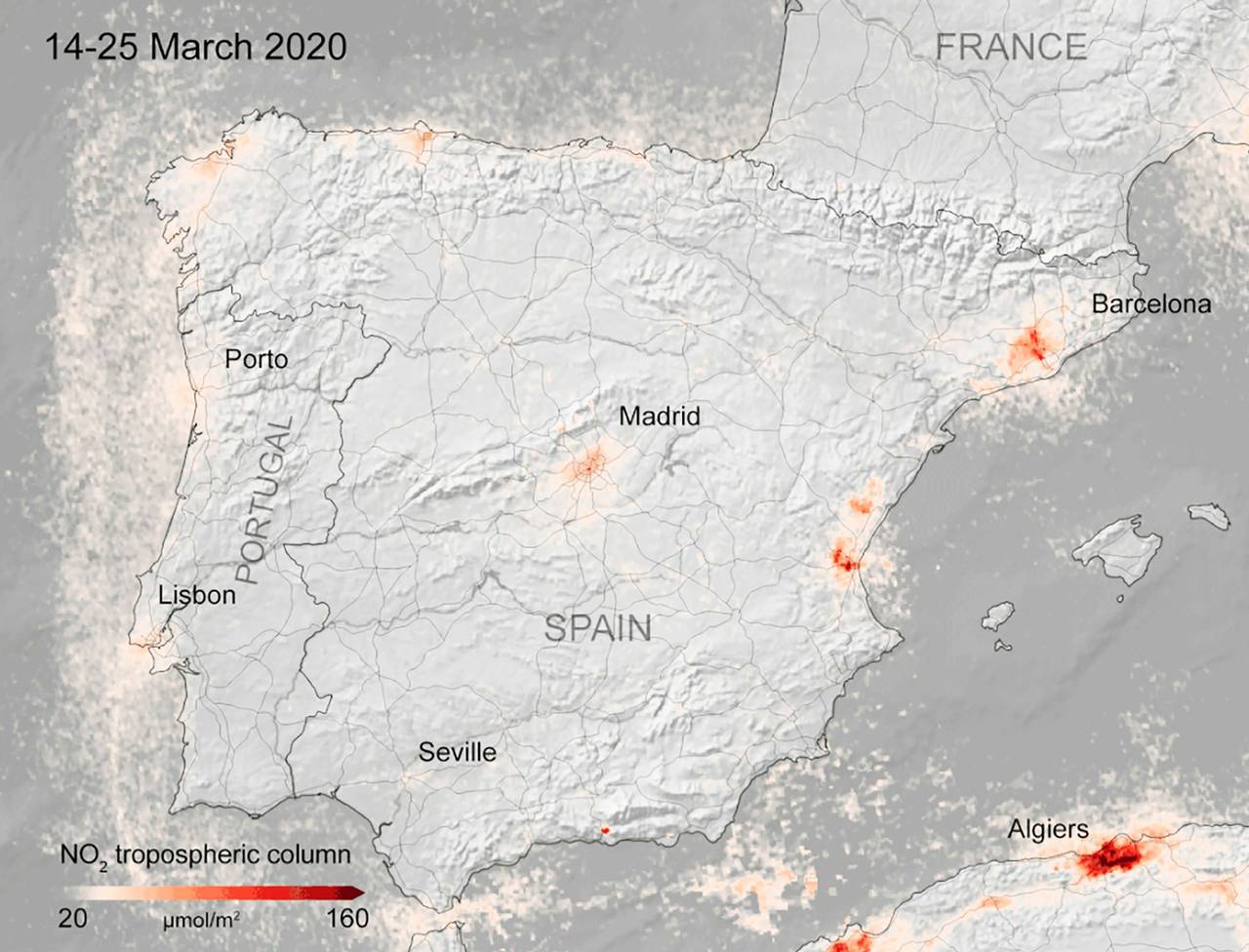 Kart fra ESA som viser konsentrasjonen av NOx-gasser i Spania i perioden 14.-25. mars 2020. 