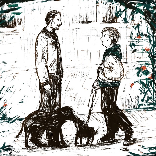 Illustrasjon av 14 år gamle Christian som møter den 32 år eldre naboen. De er ute på luftetur med hundene sine, møtes tilfeldig på gaten og smiler til hverandre. Illustrasjonen er i svart-hvitt med grønne og røde detaljer. 