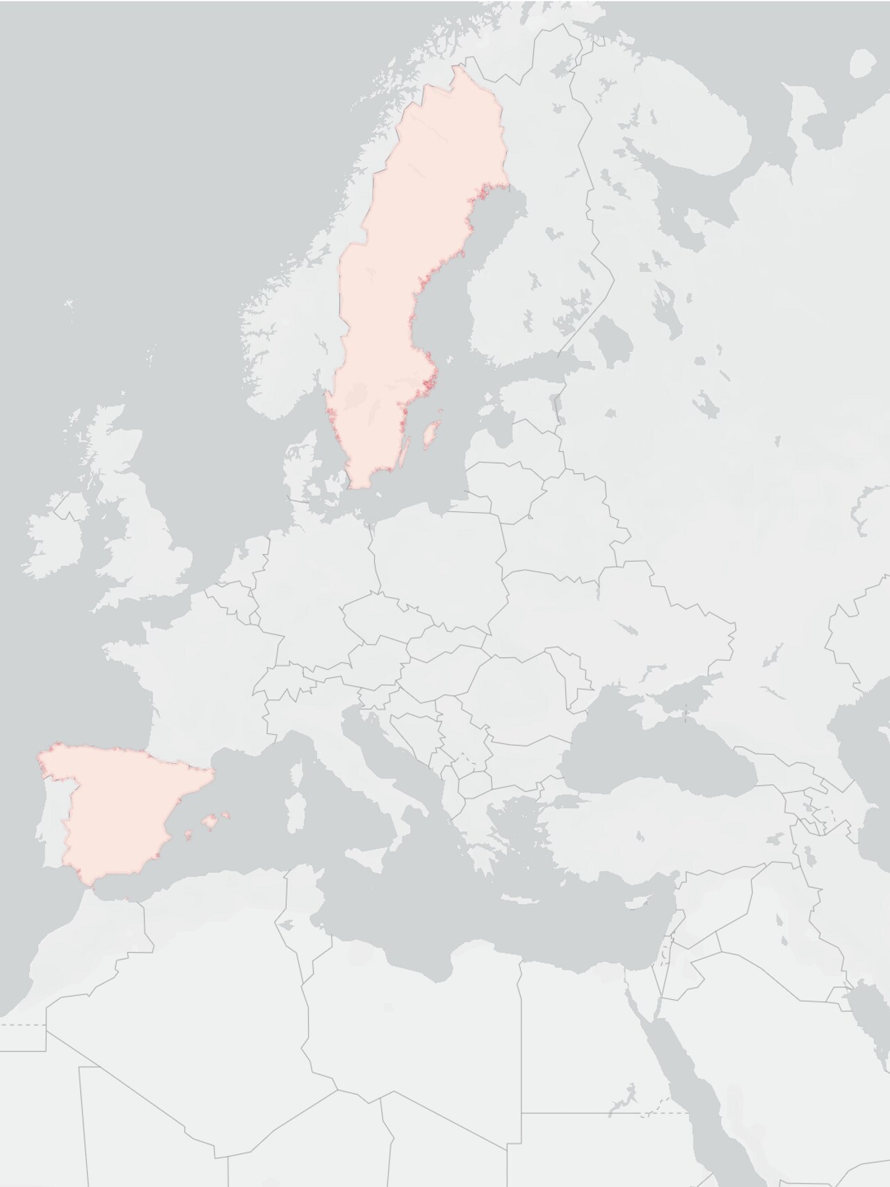 Kartet viser at i andre delen av pandemien kom det mest smitte til Norge fra Sverige og Spania. 
