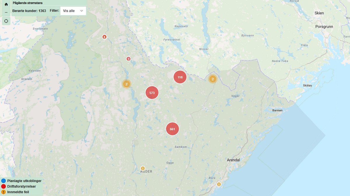Over 1300 kunder uten strøm