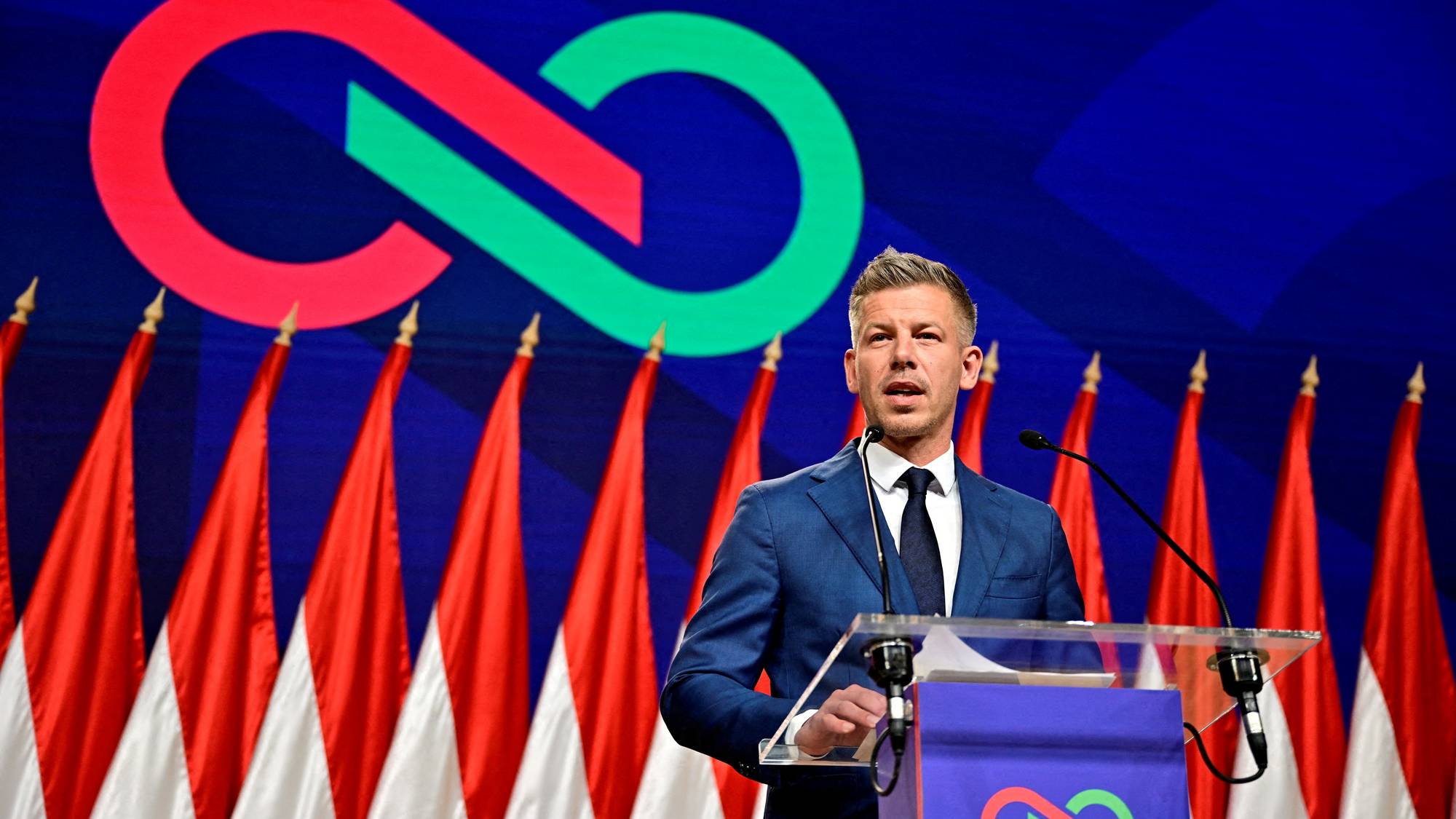 Magyar med masse ungarske flagg og partilogo