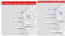 STERK VIND: Slik ser registreringane til Meteorologisk institutt ut over vinden søndag ettermiddag.