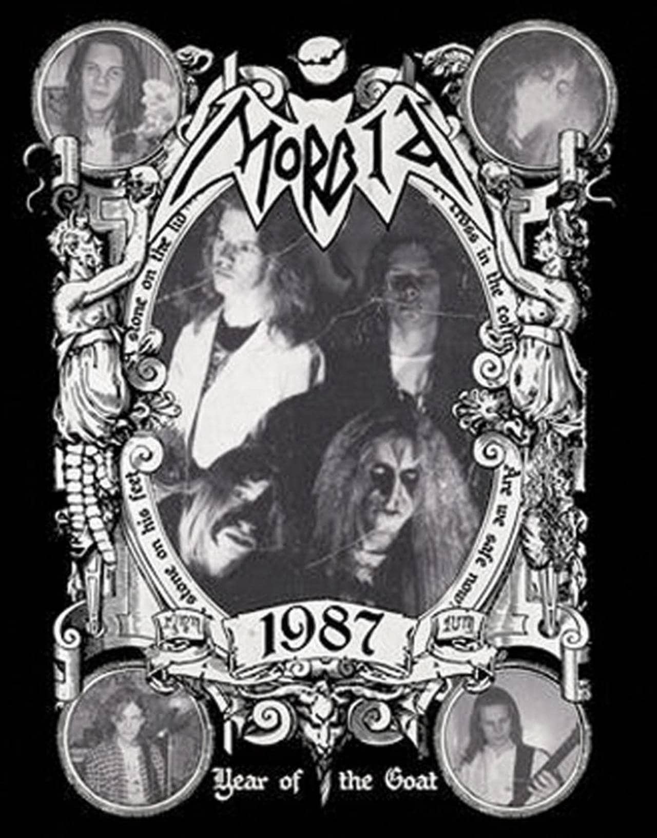 Coveret til Year of the Goat samleplaten til Morbid. På coveret ser du bandets logo og bandmedlemmer i 1987.