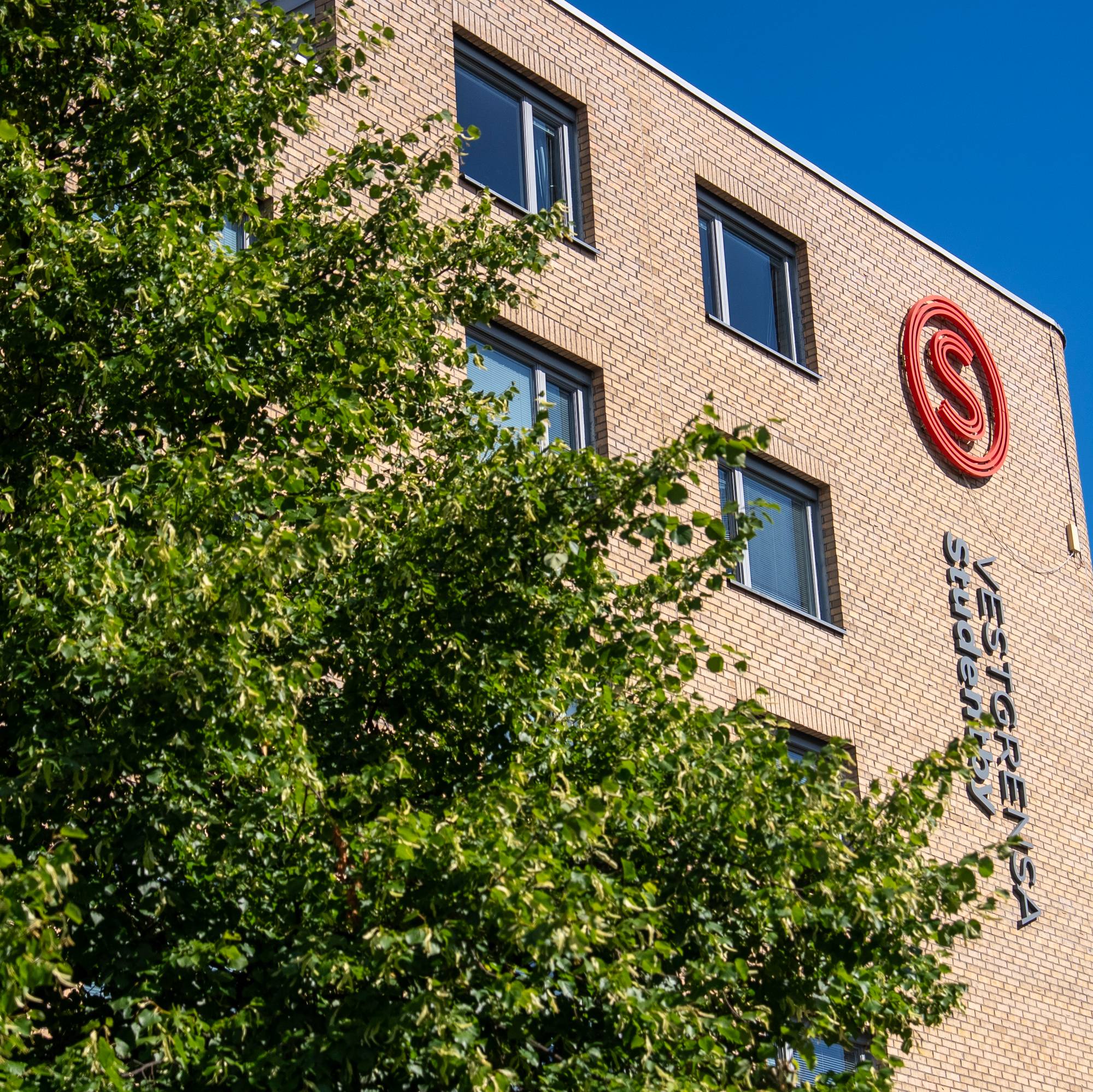 Fasaden på Vestgrensa studentby med et grønt tre i forgrunnen og blå himmel i bakgrunnen.