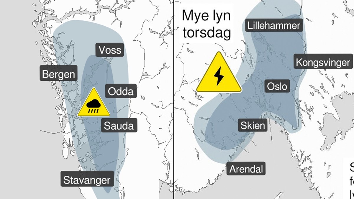 Gult farevarsel for lyn i øst og styrtregn i vest