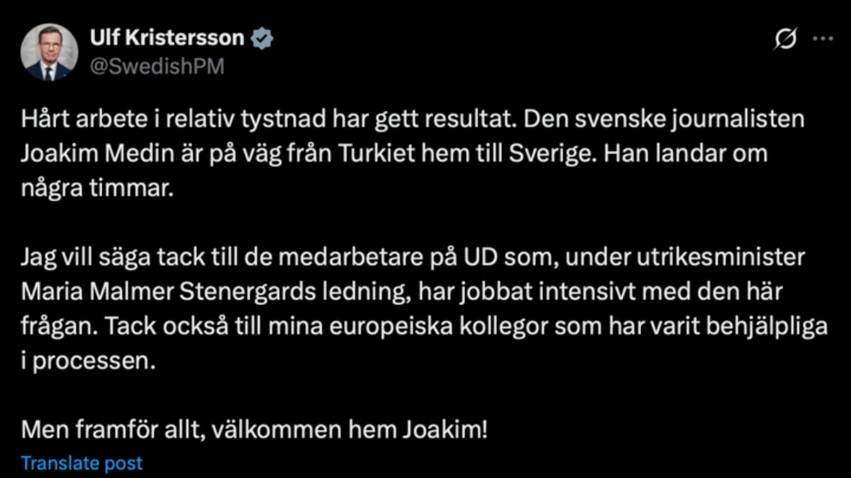 Svensk journalist som har vore fengsla i Tyrkia er på veg til Sverige