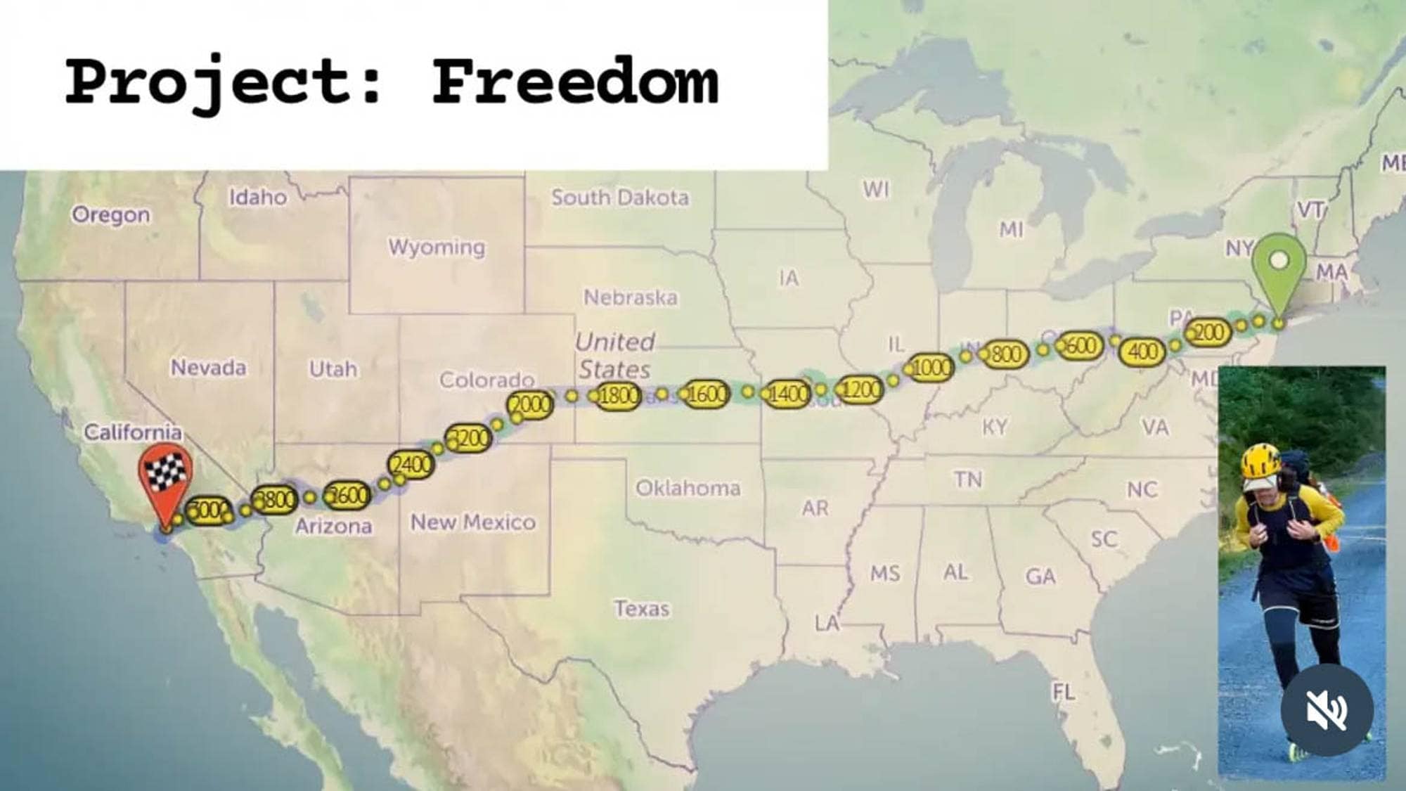 Et kart over USA med en stiplet linje som illustrerer reiseruten til Joachim Lanham, med tittelen "Prosject: Freedom" og et bilde av han på rulleskøyter nede i venstre hjørne.