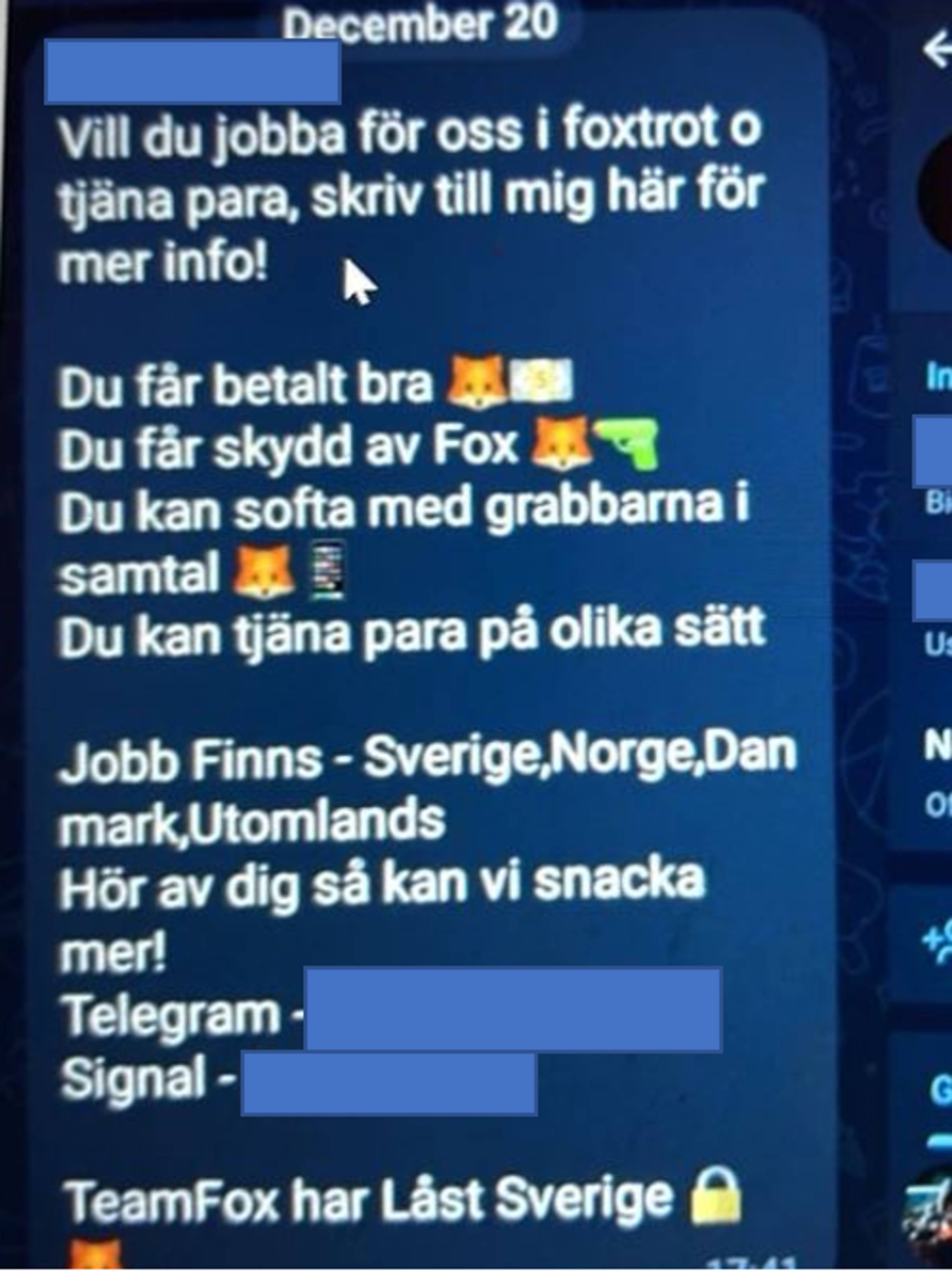 Et skjermbilde av en samtale der Foxtrot tilbyr jobb