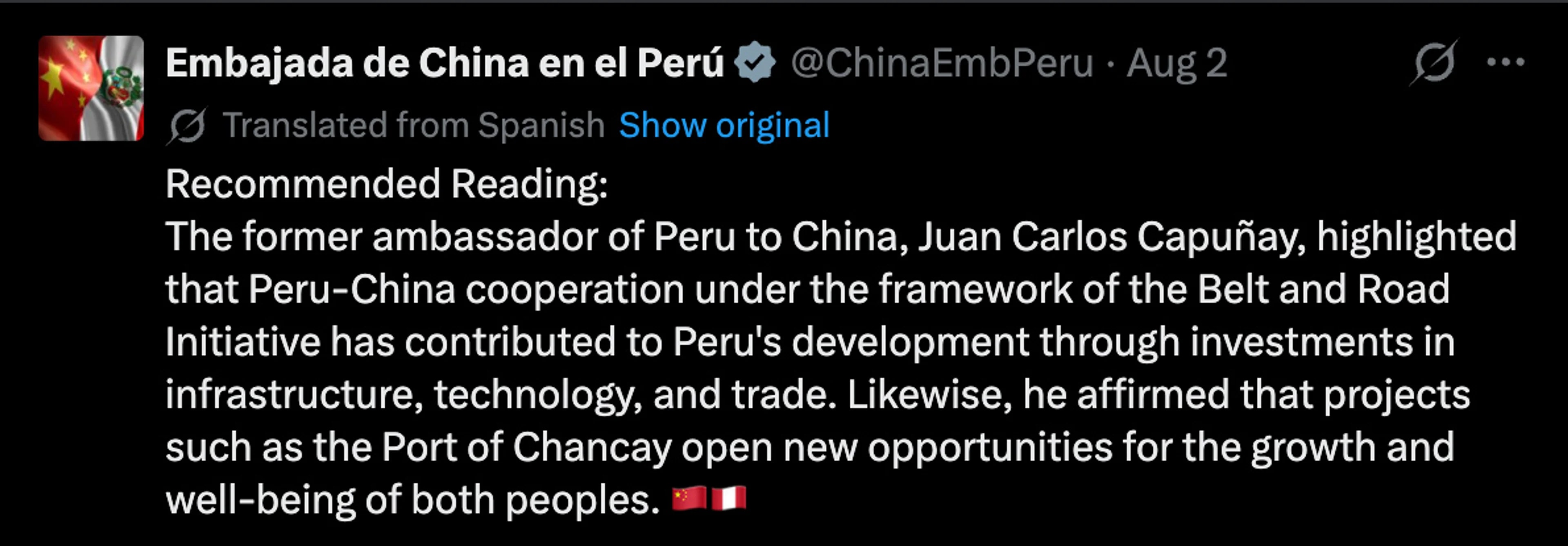 Skjermbilde av en X-post fra Kinas ambassade i Peru