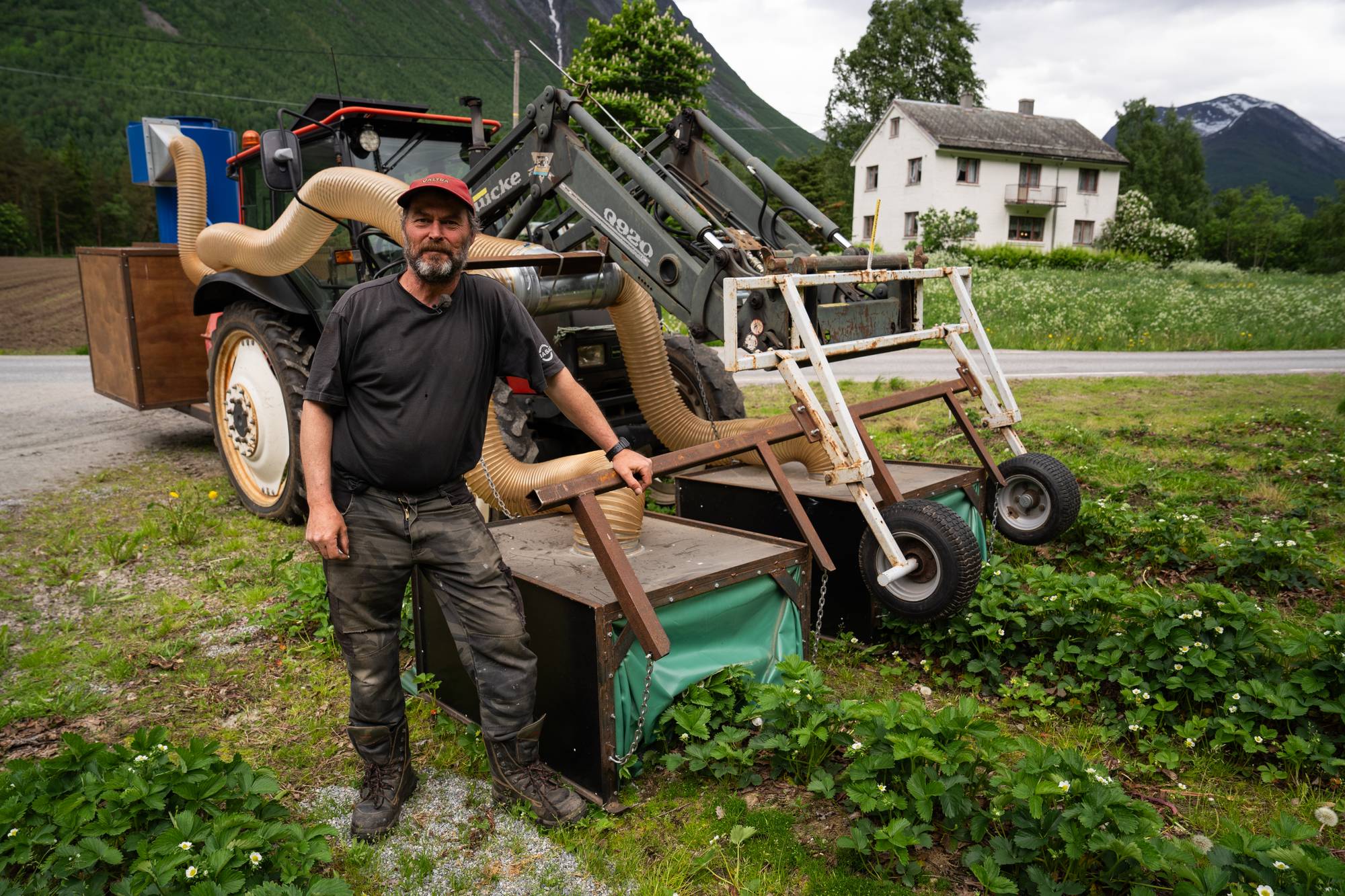 Peter Arne Døving er jordbærbonde i Valldal i Fjord kommune i Møre og Romsdal. Han har konstruert en enorm støvsuger som han har festet på traktoren sin, og som støvsuger plantene for jordbærsnutebiller. Nylig fikk han også konstatert at han har fått soppsjukdommen rød marg (Phytophthora fragariae var. Fragariae) i åkeren sin