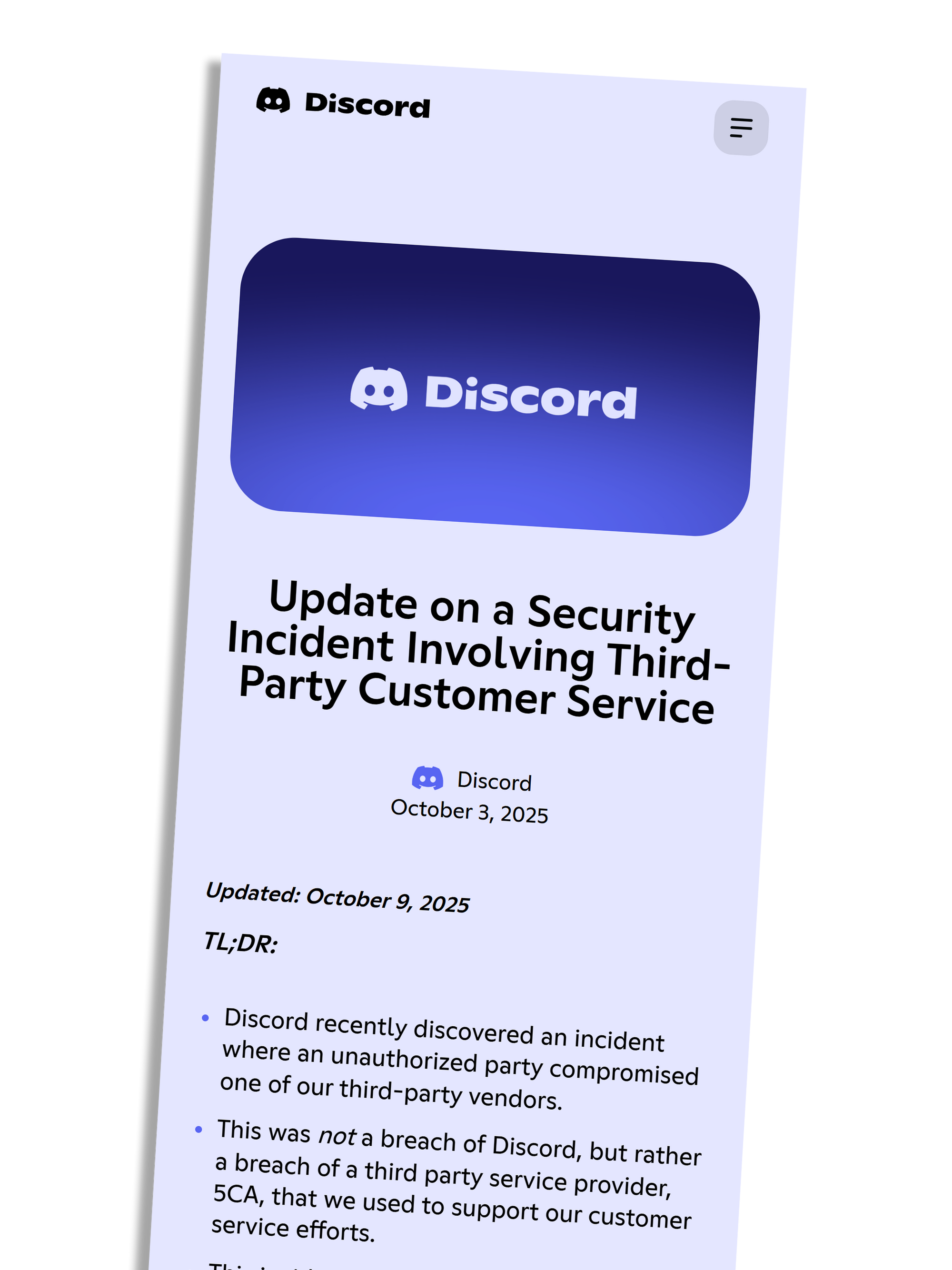 Skjermbilde av ei pressemelding fra Discord om data på avveie, med overskrift: "Update on a Security Incident Involving Third-Party Customer Service"