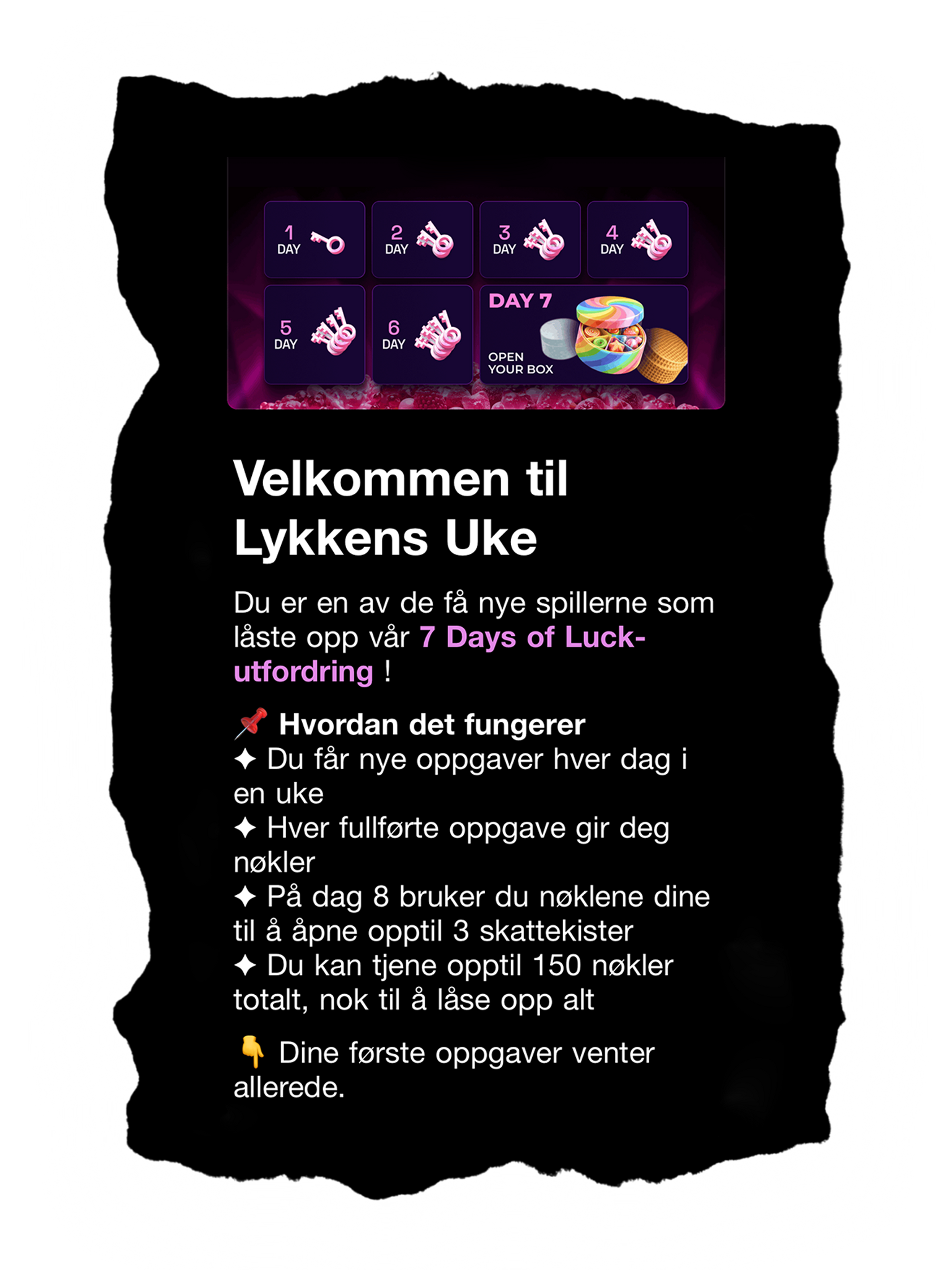 En epost med tilbud om lykkens uke. Eposten er svart og lilla.