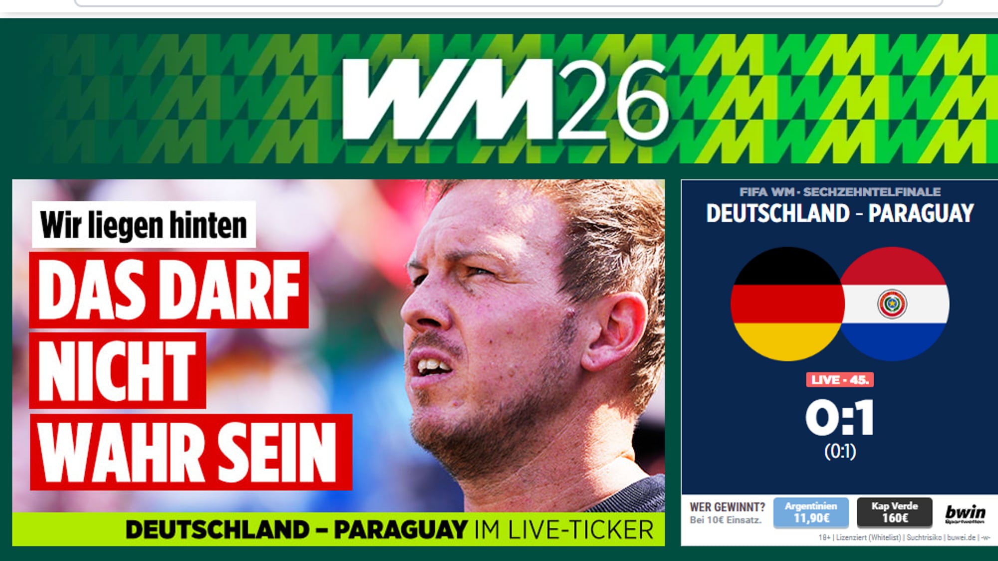 Illustrasjon fra nettside om VM-kamp mellom Tyskland og Paraguay med bilde av trener Julian Nagelsmann. (Bildebeskrivelsen er laget av en KI-tjeneste)