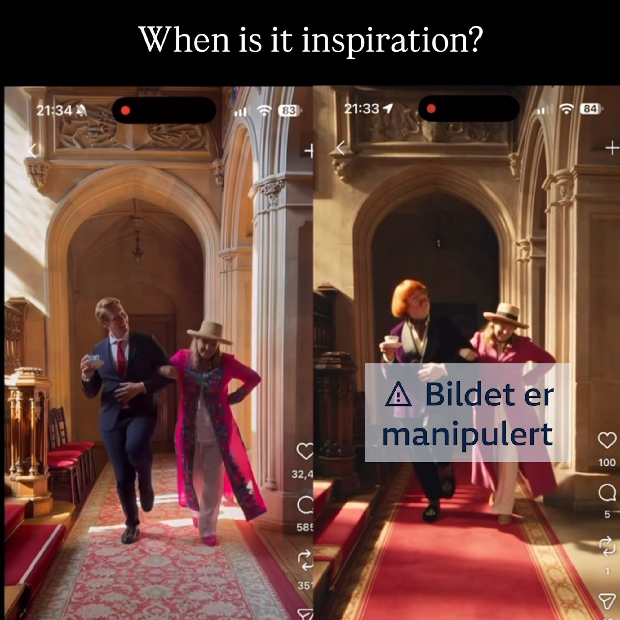 Danseinfluenser Kjetil Krogstad og en KI-generert kopivideo. 