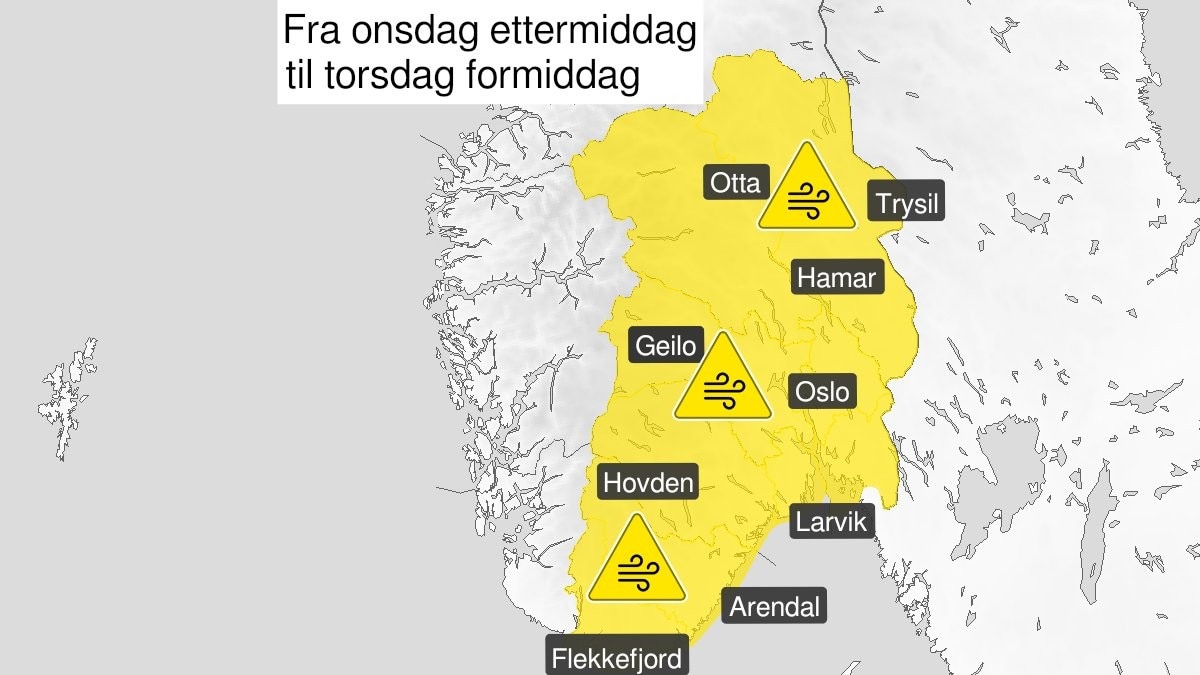 Gult farevarsel for Østlandet