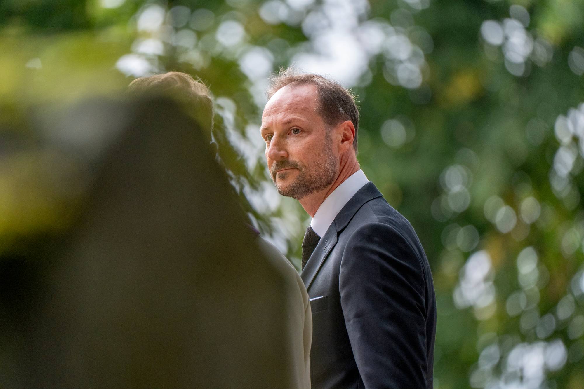 Kronprins Haakon i dress utendørs med trær i bakgrunnen. (Bildebeskrivelsen er laget av en KI-tjeneste)