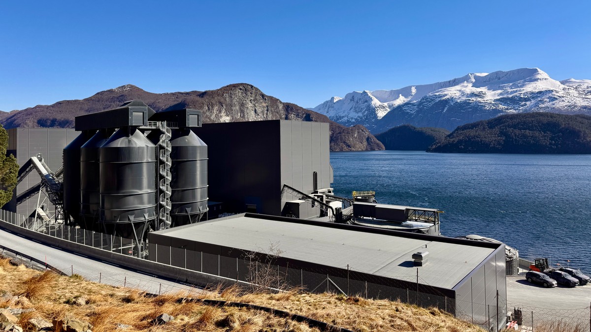 Industrianlegg ved en fjord med snødekte fjell i bakgrunnen. (Bildebeskrivelsen er laget av en KI-tjeneste) FOTO: Nils Ole Refvik/NRK