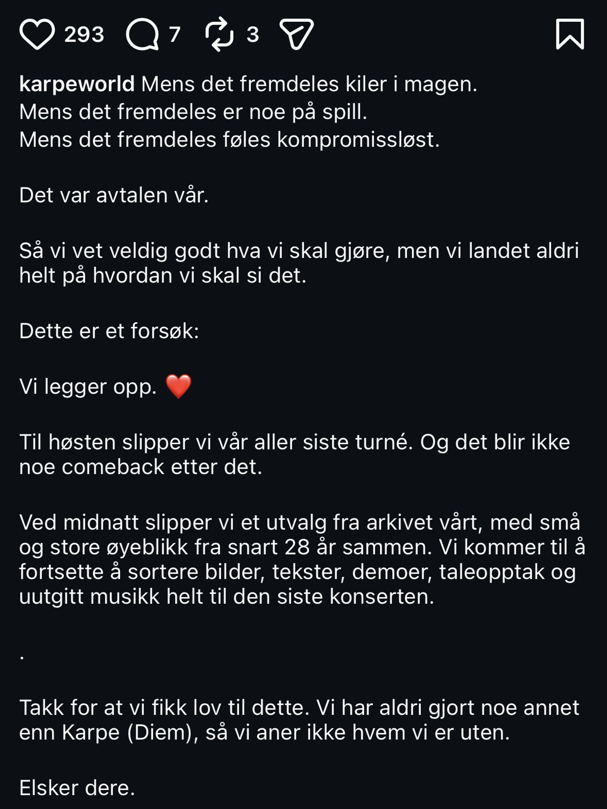 Karpe annonserer ni øvingskonserter før farvel i 2028 — image 5
