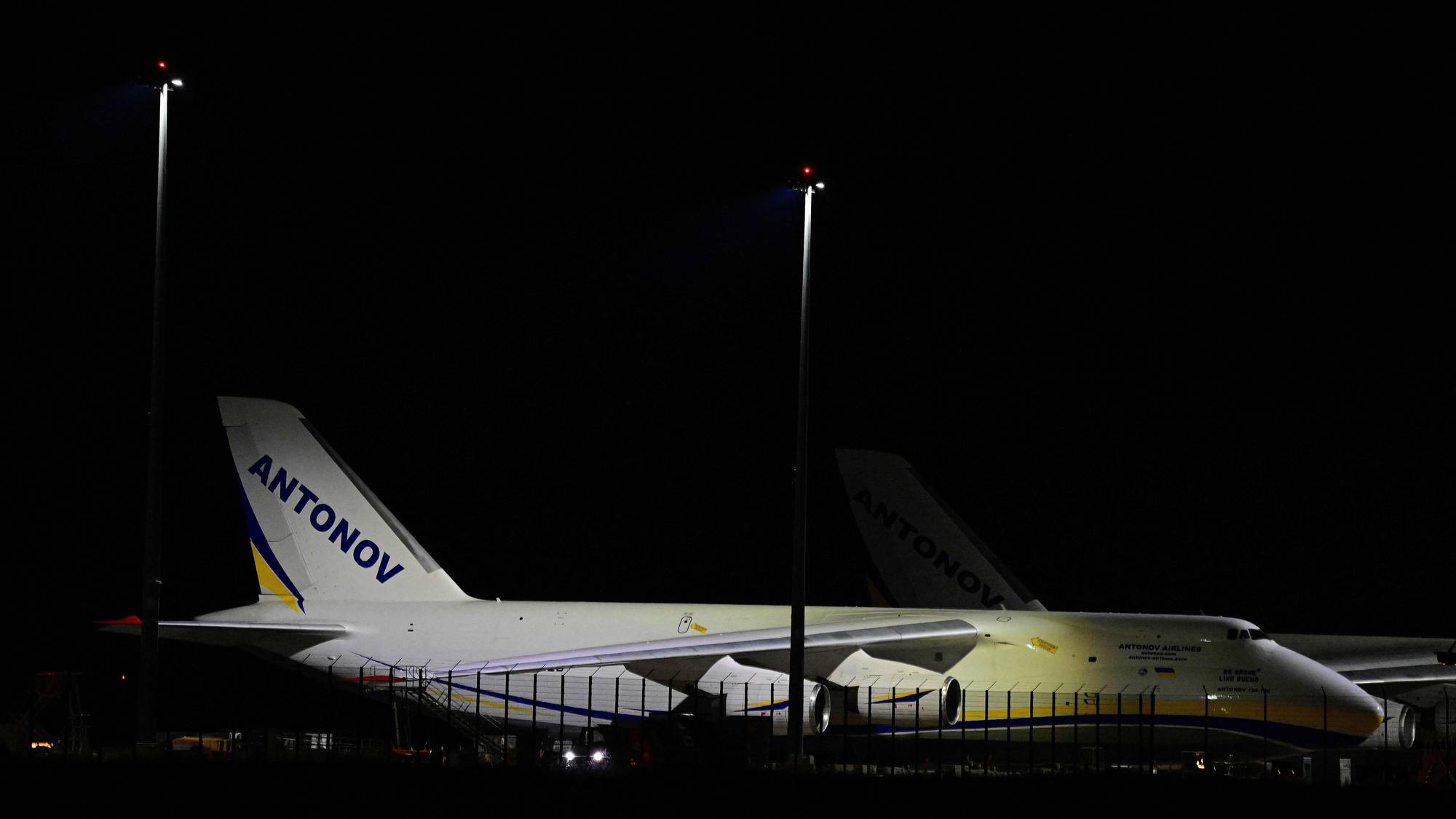 An Ukrainian "Antonov" cargo plane is pictured on August 5, 2026 at the German airport Leipzig-Halle in Schkeuditz, eastern Germany, after an explosives-laden drone was found there the night before.