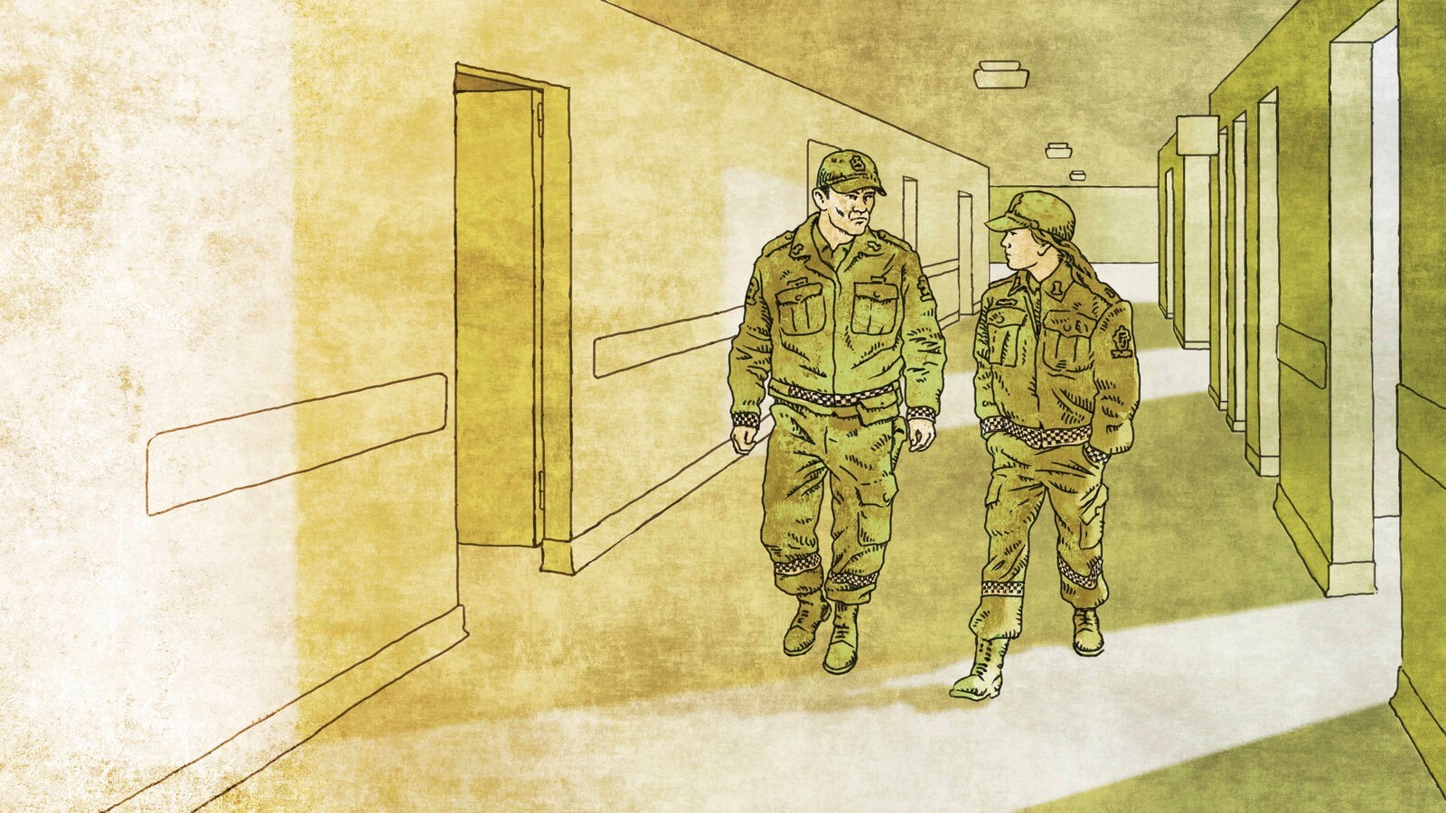 Illustrasjon av to politibetjenter som går ned en korridor