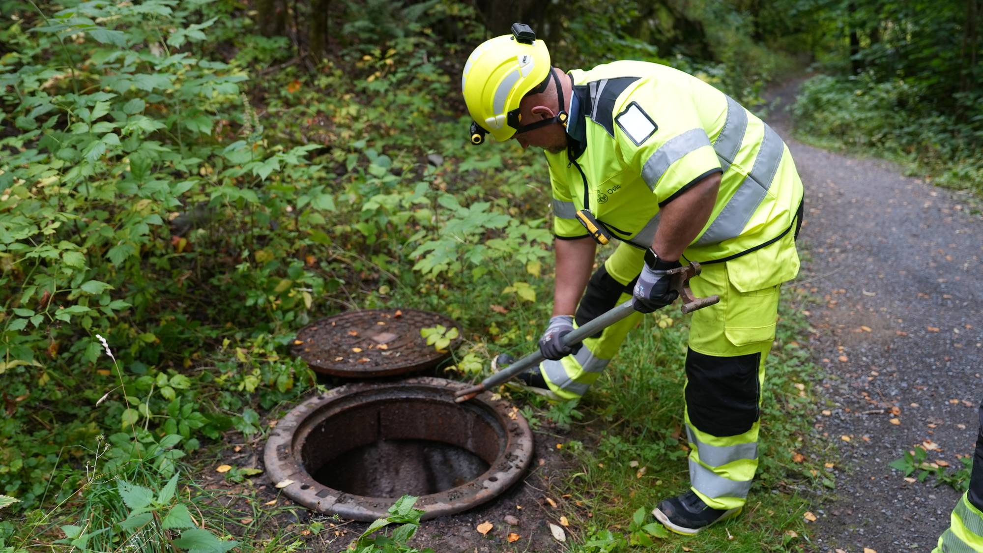 Arbeider i gul refleksvest åpner et kumlokk i skogen med et spett. (Bildebeskrivelsen er laget av en KI-tjeneste)