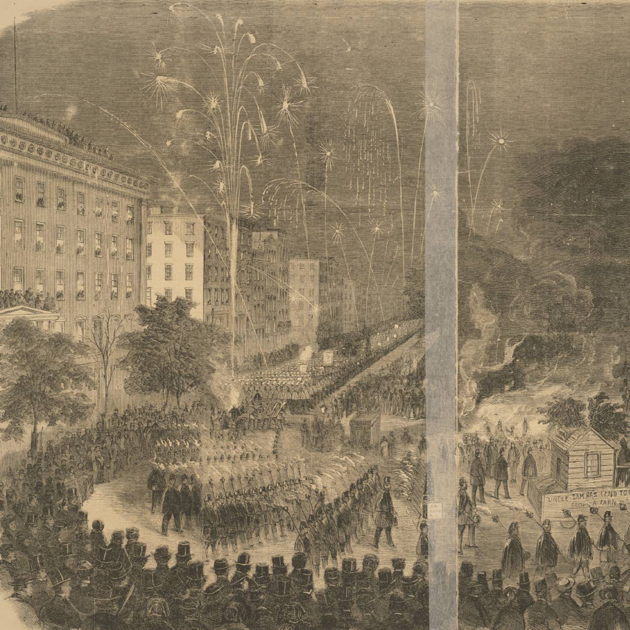 Fra rundt 1860: Grand Torchlight Procession of the Wide-Awake Clubs in the City of New York