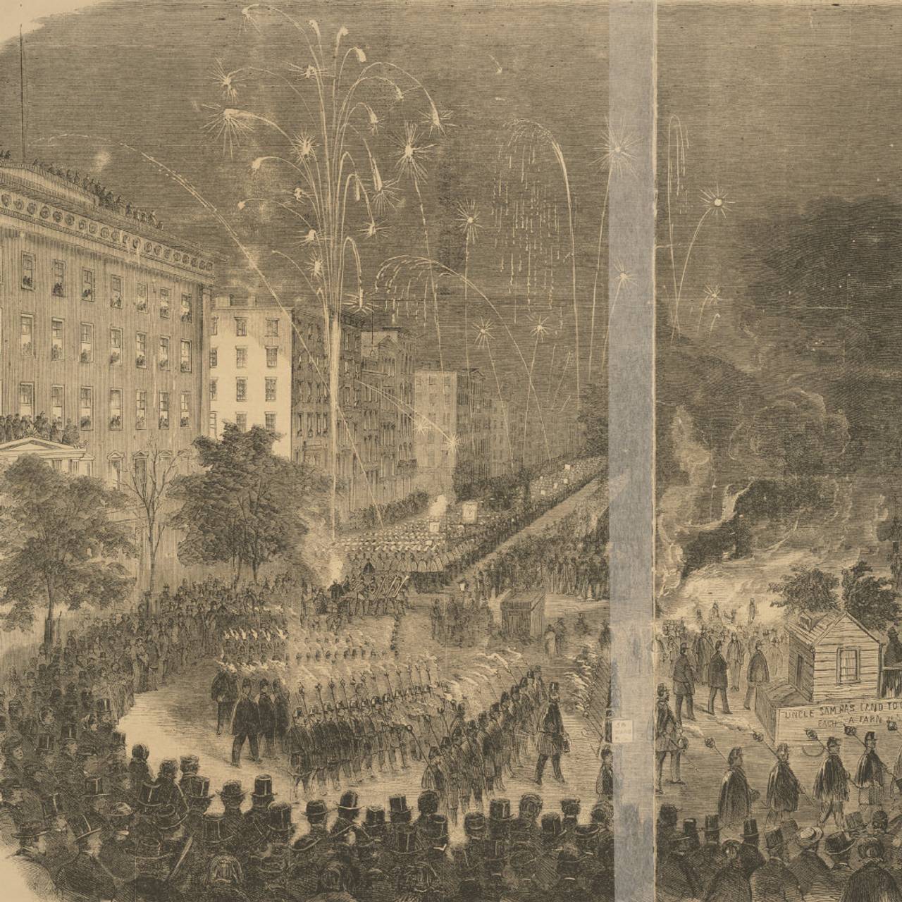 Fra rundt 1860: 

Grand Torchlight Procession of the Wide-Awake Clubs in the City of New York