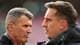 GLYN KIRK / AFP,NTB To fotballkommentatorer, Roy Keane og Gary Neville, ser på hverandre. Begge mennene har på seg ørepropper for kommunikasjon. Bakgrunnen er uskarpt og viser muligens et stadion eller et annet sportsarrangement. (Bildebeskrivelsen er laget av en KI-tjeneste)