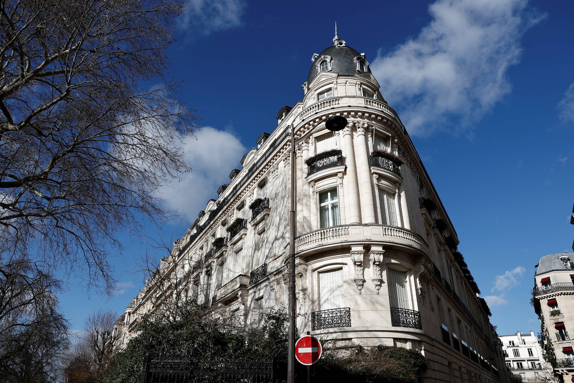 The exterior of a residential building in which late financier Jeffrey Epstein owned an apartment on the Foch Avenue, in Paris, France, 