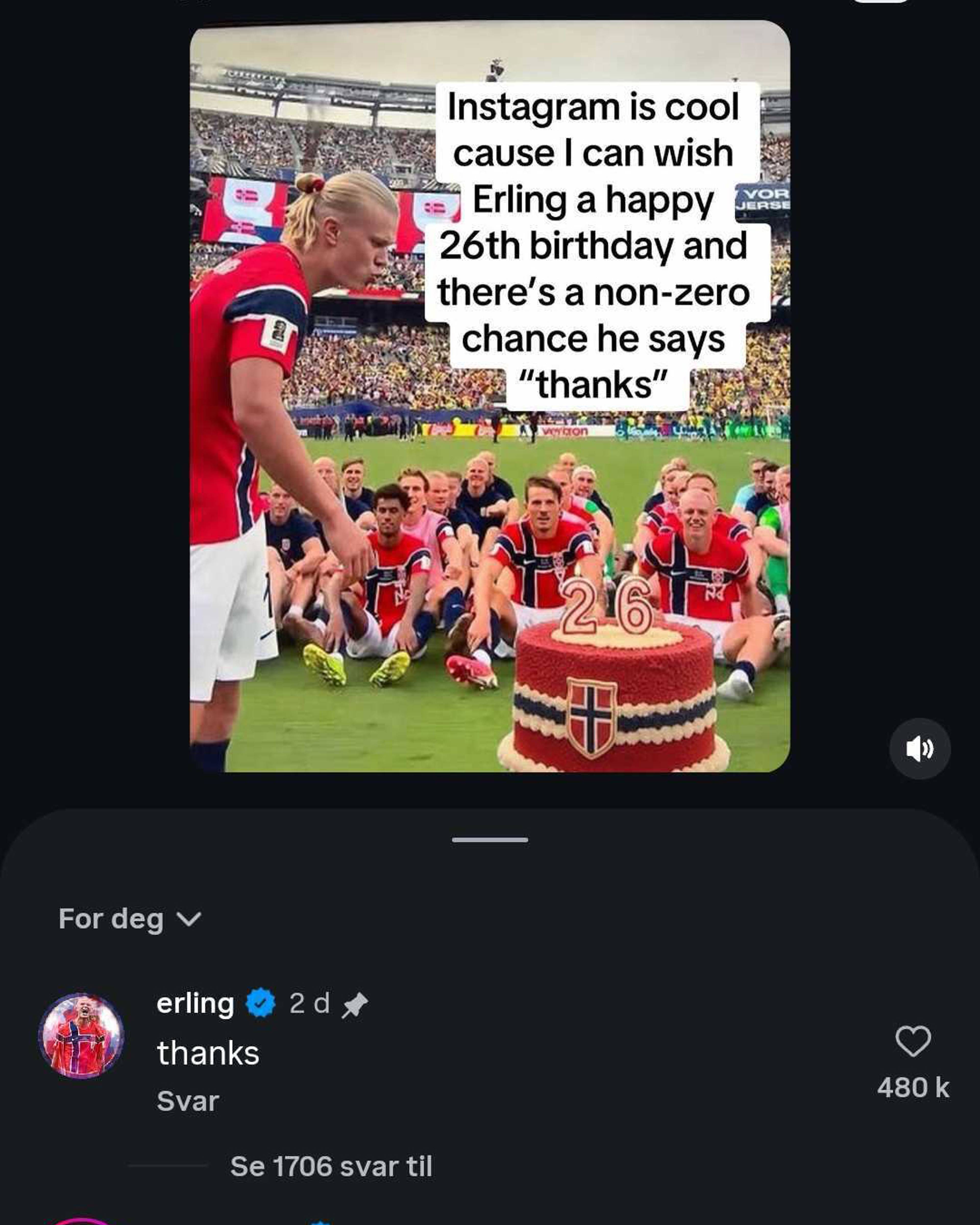 Bilde av at Haaland kommenterer på en Instagrampost