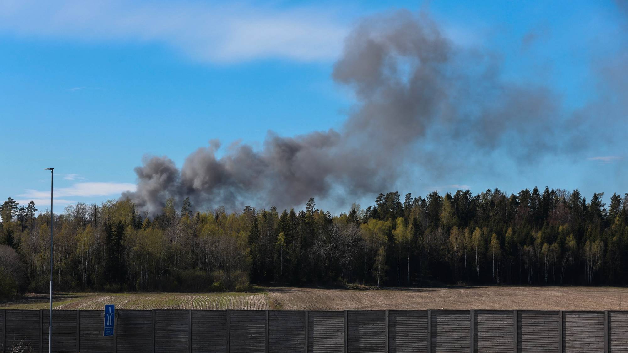 Svart røyk på himmelen. Skogen i forgrunnen av bildet, så er det en vei foran skogen. 