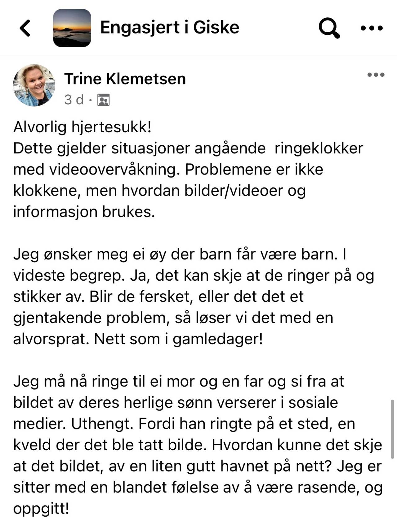 Del av Facebookinnlegg fra Trine Klemetsen