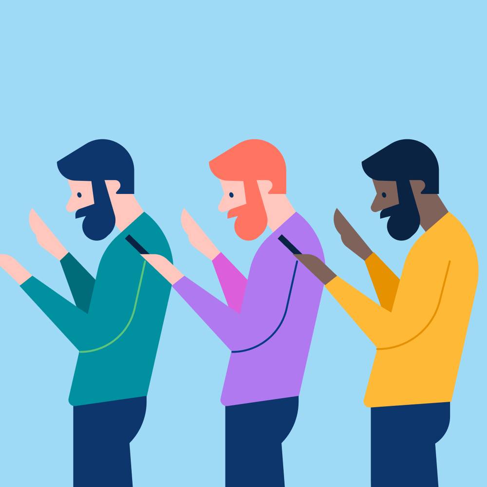 Grafisk illustrasjon av tre menn på rekke med ulik hårfarge, hudfarge og klær. 