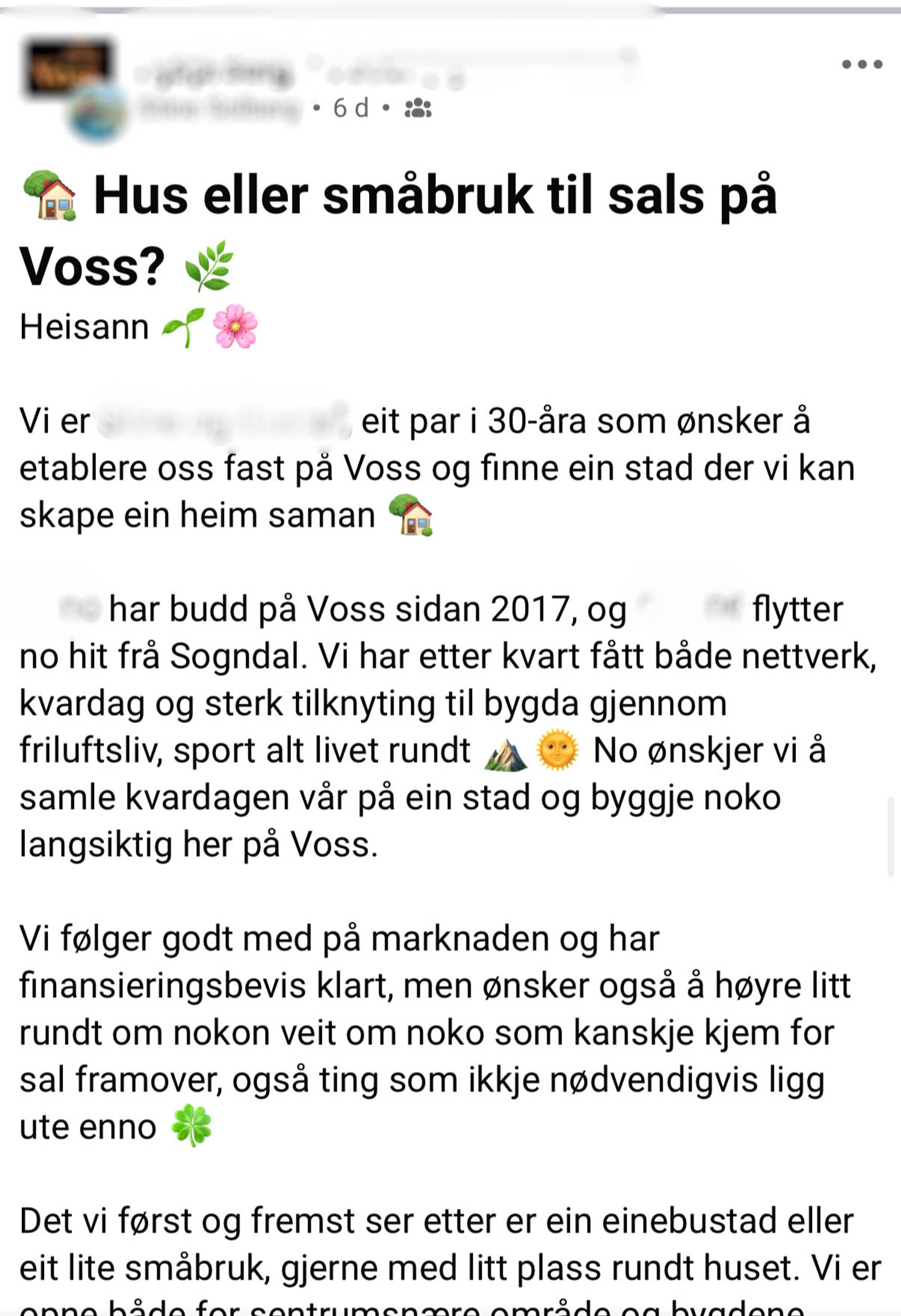 Et par i 30-årene søker hus eller småbruk til salgs på Voss. De har bodd på Voss siden 2017 og ønsker å etablere seg permanent. De ser etter enebolig eller småbruk med plass. (Bildebeskrivelsen er laget av en KI-tjeneste)