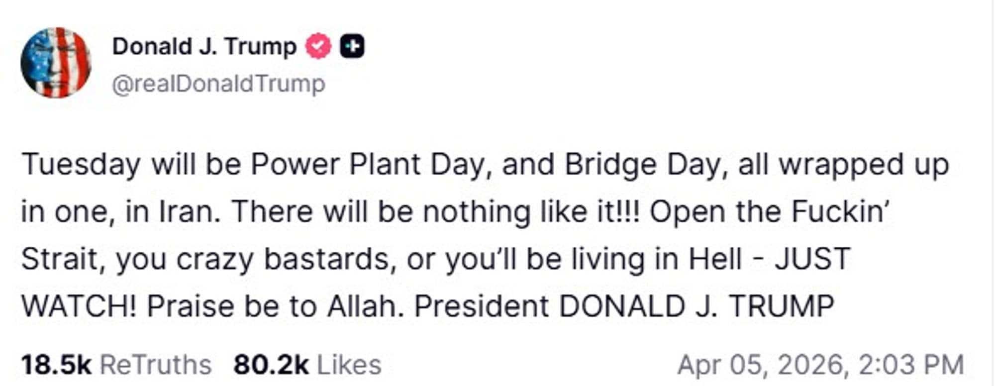 Skjermdump av eit innlegg frå Donald Trump skrive på Truth Social. 