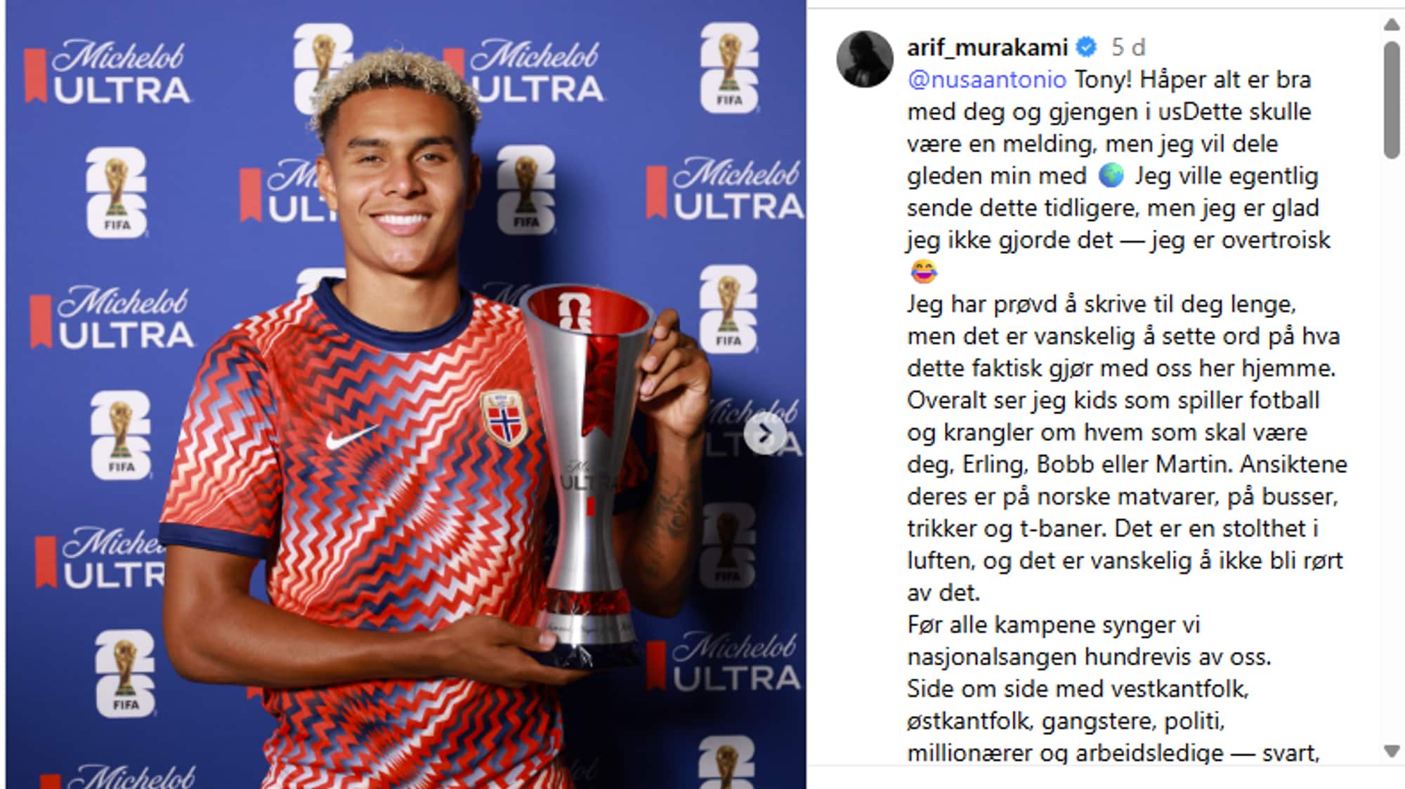 Bildet viser et innlegg på Instagram lagt ut av artisten Arif. Innlegget har et bilde av Antonio Nusa og en lang tekst.